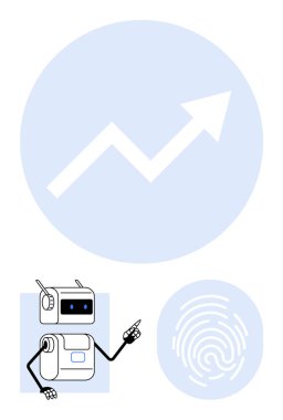 Monitör başlıklı robot, işaret parmağı işareti, beyaz beden, ilerleyen okun yanında daire içi ve parmak izi kimliği. Teknoloji, robot bilimi, yapay zeka, güvenlik, biyometrik, trendler için ideal