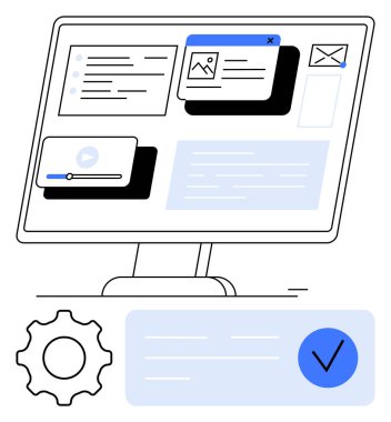 Görüntüler, videolar ve metin gibi çeşitli çokluortam ve e- posta arayüzü ögelerini gösteren bilgisayar monitörü. Üretkenlik, multimedya, iletişim, teknoloji, e-posta yönetim ağı için ideal