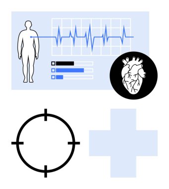 İnsan silueti ve detaylı kalp diyagramı ile birlikte sağlık sembolleri ile birlikte elektronik kalp atışı grafiği. Tıbbi sunumlar, sağlık izleme uygulamaları, kardiyoloji ve sağlık raporları için ideal