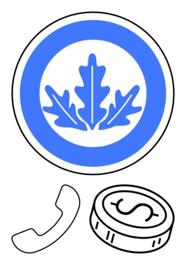 Siyah telefon ahizesinin üzerinde ak meşe yaprağı amblemi olan mavi daire ve dolar işareti olan bozuk para. Finans, iletişim, müşteri hizmetleri, ekonomi, iş hizmetleri, kurumsal markalaşma için ideal