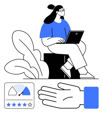 Dizüstü bilgisayarı, yaprak bitkisi, performans göstergesi, el ikonu olan bir kadın. Üretkenlik, verimlilik, uzaktan çalışma, performans değerlendirmesi, çevrimiçi müşteri geribildirim teknolojisi için ideal. Satır metaforu