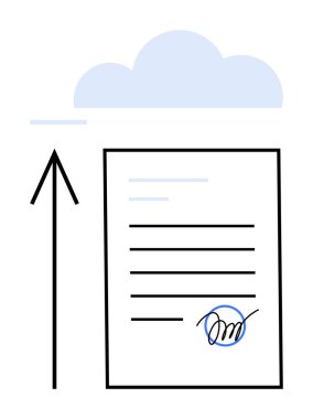 Mavi bulut simgesine doğru ilerleyen imzalı dijital belge. Dijital imzalar, bulut depolama, çevrimiçi güvenlik, uzak çalışma, veri yönetimi, belge paylaşımı, bulut paylaşımı için ideal