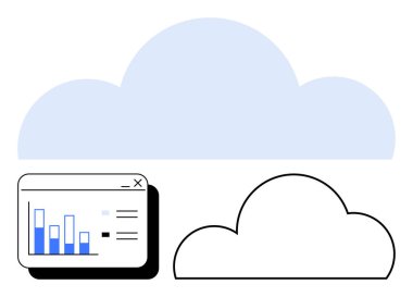 Bir tarayıcı penceresinde gösterilen çubuk çizelgesine, biri doldurulmuş, biri de çizilmiş iki bulut şekli eşlik ediyor. Veri depolama, teknoloji, analitik, bulut hesaplama, iş dünyası ve raporlar için ideal