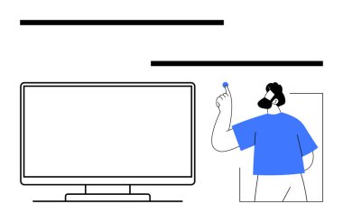 Person pointing at a large blank screen while holding a blue marker. Ideal for presentations, teaching, explaining, digital education, training, tutorials, corporate meetings, and strategy sessions clipart