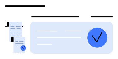 Mavi doğrulama işaretli bir belgenin yanında işaretli iki adet basılı makbuz. Finansal hizmetler, muhasebe, fatura, e-ticaret, çevrimiçi işlemler, ödeme için ideal