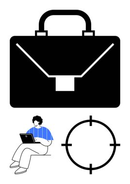 Dizüstü bilgisayarı ve hedef ikonu olan bir figürün üzerinde büyük siyah bir çanta. İş stratejisi, uzaktan çalışma, üretkenlik, ofis temaları, proje planlaması, hedef belirleme için ideal. Satır metaforu