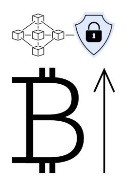 Bağlı blokları olan engelleme zinciri, asma kilitli güvenlik kalkanı, büyümeyi işaret eden büyük Bitcoin sembolü ve yukarı doğru ok. Kripto para birimi, finans, güvenlik, engelleme zinciri, yatırım için ideal