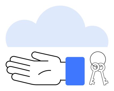 Anahtarlara uzanmak, güvenli bulut hesaplamasını ve veri erişimini simgeliyor. Güvenlik, bulut hizmetleri, veri koruması, şifreleme, anahtar yönetimi, erişim kontrolü, dijital