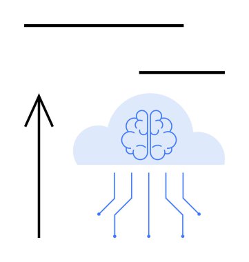 Beyin içeren bulut, devreleri ve yukarı doğru giden oku gösteren çizgiler. Bulut teknolojisi, yapay zeka, veri işleme, yenilik, teknolojik gelişmeler, bağlantı dijital büyümesi için idealdir. Çizgi