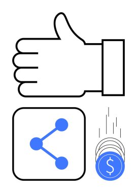 El hareketi, simge paylaşımı ve dolar işaretli bozuk paralar. Sosyal medya, kullanıcı ilişkileri, çevrimiçi paylaşım, finansal başarı, dijital pazarlama, ödüllendirme uygulamaları için ideal