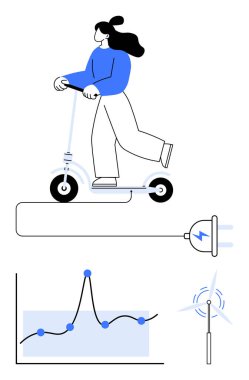 E-scooter 'a binen kişi rüzgar türbini grafiği çiziyor. Ulaşım için ideal, eko-yaşam tarzı, yenilenebilir enerji, teknoloji, verimlilik, modern yaşam, temiz güç. Satır metaforu