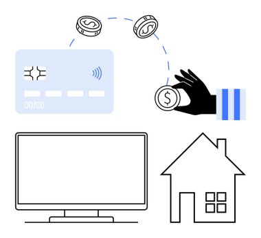 Madeni paraları kredi kartına aktarmak, mali işlemleri gösteriyor. Ev ve televizyon ikonları ortak alımları temsil ediyor. E-ticaret, bankacılık, finans, yatırım, bütçe, ödeme için ideal