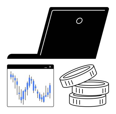 Dizüstü bilgisayarda dizilmiş paraların yanında şamdan çizelgesi var. Finansal analiz, borsa ticareti, yatırım, iş stratejisi, ekonomik büyüme, kripto para birimi, fintech