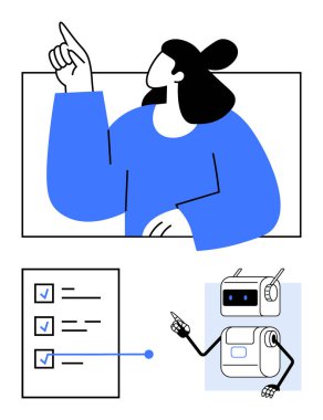 Yukarıya bakan bir kadın, işaretli bir liste, mavi ve siyah giyinmiş dost canlısı bir robot. Çalışma akışı, organizasyon, görev yönetimi, robotik ve teknoloji entegrasyonu için ideal