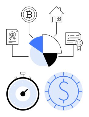 Pasta şeması bitcoin ev sertifikaları kronometre ve para birimi sembolü. Finans, varlık yönetimi, zaman yönetimi, kripto para birimi, yatırımlar, gayrimenkul, ekonomi için ideal