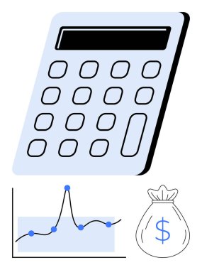 Veri noktaları ve para çantası ikonu içeren hesap çizgisi grafiği hesaplamayı, mali analizi, bütçelemeyi, yatırımı ve tasarrufu sembolize eder. İş, finans, muhasebe, ekonomi için ideal