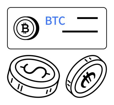 Etikette Bitcoin BTC sembolü, dolar ve sikkelerde euro sembolleri. Finans, kripto para birimi, dijital işlemler, döviz kurları, yatırımlar, e-ticaret ve bankacılık için ideal. Satır metaforu