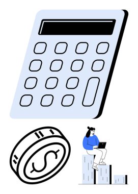 Bar çizelgesinde oturan iş kadını, dev hesap makinesi ve dolar işareti olan bozuk para. Finans, bütçe, muhasebe, iş büyümesi, finansal planlama yatırım eğitimi için idealdir. Çizgi