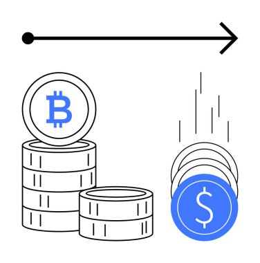 Bitcoin bozuklukları ve doğru okla düşen paralar istiflenmiş. Finans, kripto para birimi, döviz kurları, yatırımlar, dijital para birimi, ticaret platformları, ekonomik geçişler için ideal