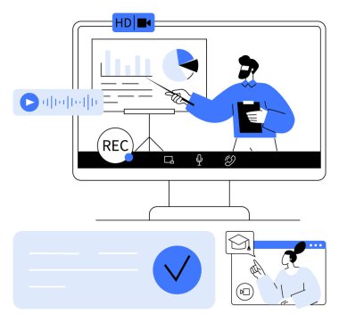HD video, ses, metin ve e-posta iletileri için imleç simgeli sakallı adam tarafından ekrana sunulan veri sunumu. Sanal toplantılar, online eğitim, uzaktan çalışma için ideal. Satır metaforu