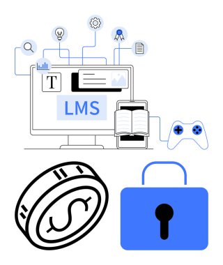LMS arayüzü gösteren bilgisayar, ampul, dişli, sertifika, kitap, oyun kumandası, dolar parası ve asma kilit gibi çeşitli simgelere bağlı. Çevrimiçi kurslar dijital için ideal