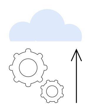 İki dişlinin üzerinde bulut ve yukarı doğru bir ok entegrasyon ve veri transferini gösteriyor. IT, bulut hizmetleri, veri yönetimi, sistem otomasyonu, yazılım güncellemeleri, ağ çözümleri, iş
