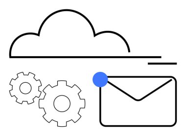Tebligat noktalı zarf, yukarıda bulut, solda iki vites. E- posta servisleri, bulut depolama, ayarlar, dijital iletişim, uygulama bildirimleri veri yönetimi için idealdir. Çizgi
