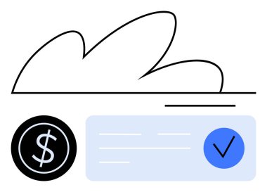 Siyah dairenin içindeki para birimi sembolü, mavi dairenin içindeki işaretleri işaretle, soyut bulut ve çizgi. Finans, bankacılık, işlemler, güvenli ödemeler, mobil uygulamalar, çevrimiçi hizmetler bulut hesaplaması için ideal