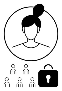 Female avatar within circle group of people, and lock symbol. Ideal for privacy, cybersecurity, online protection, personal data, social networking, digital identity, user profile. Line metaphor clipart