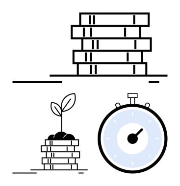 Stacks of coins a sprouting plant and a stopwatch. Ideal for themes of financial growth, investment, time management, savings, economy, wealth, strategy. Line metaphor clipart