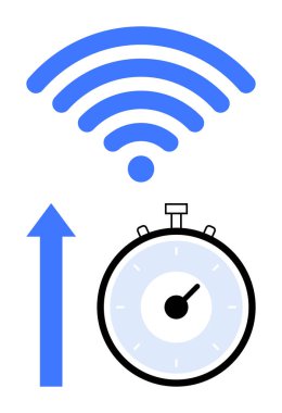 Kablosuz sembol mavi yukarı doğru ok kronometresi. Teknoloji, internet hızı, performans, verimlilik, bağlantı, hızlı servis, ilerleme temaları için idealdir. Satır metaforu