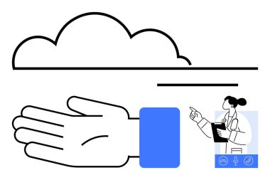 Bulut, uzanmış el, sağlık uzmanı, not panosu, konuşma simgeleri. Sağlık teknolojisi, tıbbi veriler, uzaktan danışma, teletıp bulutu depolama hasta bakımı için ideal