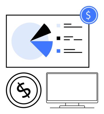 Pasta grafiği, değer çubukları, dolar simgeleri ve bilgisayar monitörlü bir iş sunumu. Finansal analiz, iş raporları, veri görselleştirme, yatırım, ekonomik sunumlar için ideal