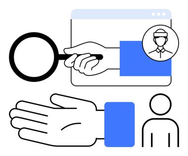 Elinde tutulan detaylı büyüteç, kullanıcı profili, uzatılmış el ve web tarayıcı penceresi. Çevrimiçi analiz, kimlik, destek, yardım, veri keşfi kullanıcı etkileşimi için ideal