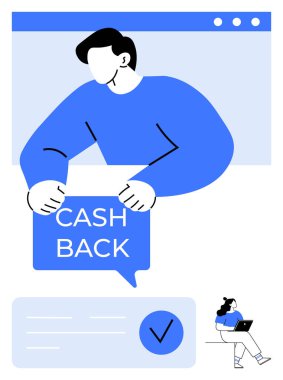 Man holding cash back sign on computer screen with woman working on laptop. Ideal for finance, rewards programs, e-commerce, online shopping, marketing, promotions, digital transactions. Line clipart