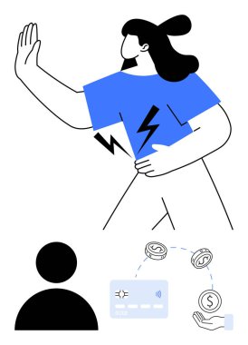 Mavi tişörtlü kadın dur diyor, isimsiz kullanıcı simgesi, ve para birimi sembollü temassız ödeme. Siber güvenlik, finans güvenliği, çevrimiçi bankacılık, kişisel veri koruması, dijital