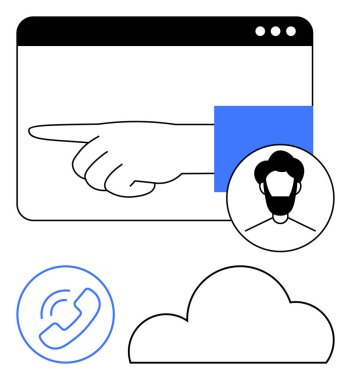 Tarayıcı penceresinde el gösterimi, kullanıcı profili çemberi, telefon arama simgesi ve bulut sembolü. İletişim, navigasyon, iletişim, kullanıcı profili, web tasarımı, müşteri hesaplama desteği için ideal