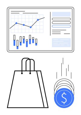 Ekranda mali grafik, alışveriş torbası ve düşen bozuk paralar. Finansal raporlar, ekomünikasyon, piyasa analizi, ekonomik trendler, borsa, bütçe ticareti için ideal. Satır metaforu