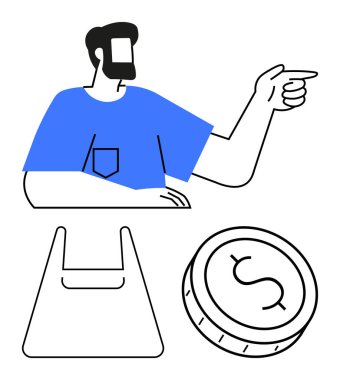 Elle işaret eden adam, plastik alışveriş torbası, dolar parası. E-ticaret, perakende pazarlama, finans eğitimi, tüketici davranışı, online alışveriş satış stratejisi bütçesi için ideal. Satır metaforu
