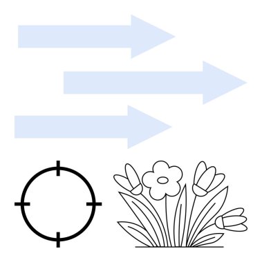 Sağı gösteren mavi oklar, hedef sembol, çiçek açan çiçekler. Hedef belirleme, ilerleme, başarı, strateji, büyüme odaklanma hedefleri için idealdir. Satır metaforu
