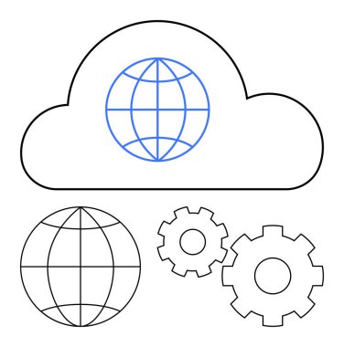 Küre içerisindeki bulut, küre ve dişliler küresel bağlantıları ve sistem entegrasyonunu simgeliyor. Teknoloji platformları, veri depolama, bulut hizmetleri, küresel ağlar, bilişim çözümleri, yazılım için ideal