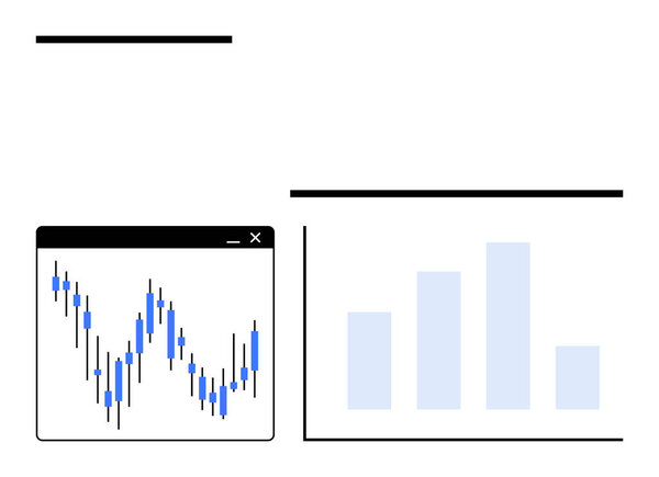 Candlestick chart with blue indicators and bar graph with three visible bars. Ideal for financial analysis, market trends, investment tracking, data comparison, business reports, stock performance