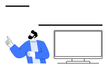 Mavi takım elbiseli iş adamı elini boş ekrana doğrultuyor. Sunumlar, eğitim, toplantılar, iş tartışmaları, eğitim oturumları, kurumsal iletişim ve veri analizi için ideal