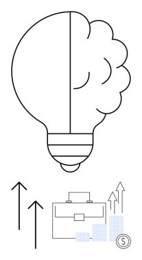 Ampul ve beyin melezi, yukarı bakan oklar, evrak çantası, bar çizelgeleri, para. Yenilik, iş büyümesi, strateji finansman yatırımları girişimcilik hedefi belirlemek için idealdir. Çizgi