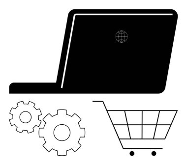 Bir dünya ikonu, iki vites ve bir alışveriş arabası olan dizüstü bilgisayar. E-ticaret, teknoloji, çevrimiçi alışveriş, dijital pazarlama, otomasyon işletme yönetimi web sitesi, v09 geliştirme için ideal. Satır metaforu