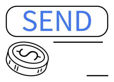 Mavi SEND tuşu, dolar işareti ve metin alanlarını gösteren satırlar. Ödeme çözümleri için ideal, çevrimiçi bankacılık, dijital cüzdanlar, e-ticaret, finansal uygulamalar para transferleri fintech. Çizgi