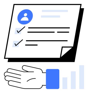 Tamamlanmış görevler, kullanıcı simgesi ve bar tablosu ile belge kontrol listesine uzanan eli aç. İş, yardım, veri analizi, işbirliği, yönetim değerlendirme verimliliği için ideal. Çizgi