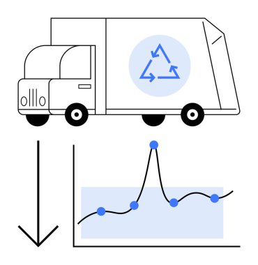 Geri dönüşüm sembollü bir kamyon, aşağı doğru ok, dalgalı veri noktaları olan bir grafik. Sürdürülebilirlik, atık azaltma, geri dönüşüm, çevre analizi, veri eğilimleri, çevre dostu ulaşım için ideal