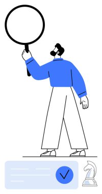 Bir işadamı verileri büyük bir büyüteçle inceler, kontrol işaretli bir listenin ve satranç şövalyesinin yanında durur. Araştırma, analiz, strateji planlaması, görev yönetimi ve kalite için ideal