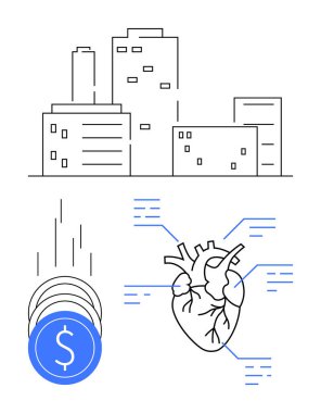 City skyscrapers, falling coin indicating financial growth, anatomical heart with connecting lines. Ideal for business, real estate, finance, medical, investment technology urban planning. Line clipart